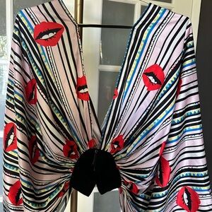 Vibrant Striped Blouse with Red Lips Design